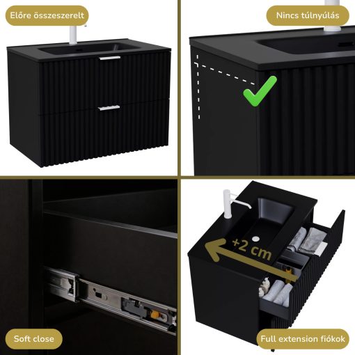 HD Ravello Matt Black 60 komplett fürdőszoba bútor szett fali mosdószekrénnyel, matt fehér fogantyúkkal, matt fekete slim mosdóval, tükörrel és magasszekrénnyel