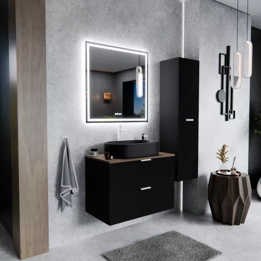 HD Rapallo Matt Black 60 fali mosdószekrény tölgyfa színű mosdópulttal és matt fehér fogantyúkkal