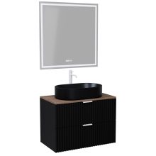 HD Rapallo Matt Black 60 komplett fürdőszoba bútor fali mosdószekrénnyel, matt fehér fogantyúkkal, tölgyfa színű mosdópulttal és tükörrel