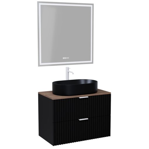 HD Rapallo Matt Black 60 komplett fürdőszoba bútor fali mosdószekrénnyel, matt fehér fogantyúkkal, tölgyfa színű mosdópulttal és tükörrel