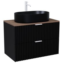 HD Rapallo Matt Black 60 komplett fürdőszoba bútor fali mosdószekrénnyel, matt fehér fogantyúkkal, tölgyfa színű mosdópulttal és tükörrel