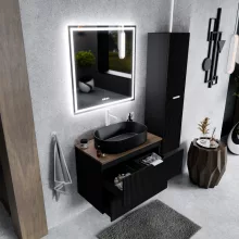 HD Rapallo Matt Black 60 komplett fürdőszoba bútor fali mosdószekrénnyel, matt fehér fogantyúkkal, tölgyfa színű mosdópulttal és tükörrel