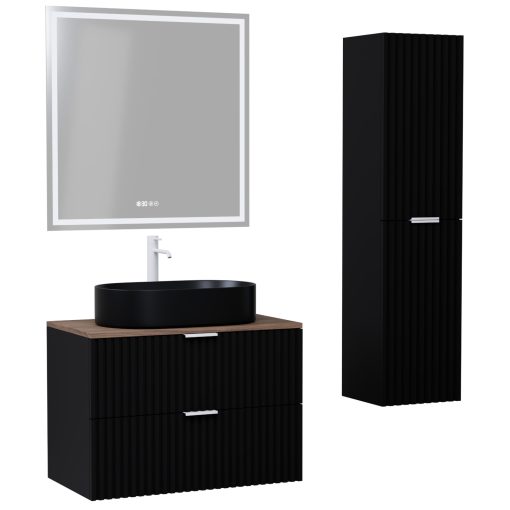 HD Rapallo Matt Black 60 komplett fürdőszoba bútor szett fali mosdószekrénnyel, matt fehér fogantyúval, tölgyfa színű mosdópulttal, tükörrel és magasszekrénnyel