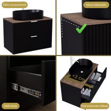 HD Rapallo Matt Black 60 komplett fürdőszoba bútor szett fali mosdószekrénnyel, matt fehér fogantyúval, tölgyfa színű mosdópulttal, tükörrel és magasszekrénnyel