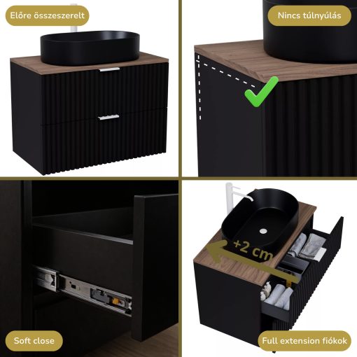 HD Rapallo Matt Black 60 komplett fürdőszoba bútor szett fali mosdószekrénnyel, matt fehér fogantyúval, tölgyfa színű mosdópulttal, tükörrel és magasszekrénnyel