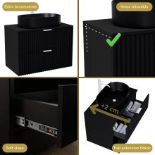 HD Rapallo Matt Black 60 fali mosdószekrény matt fekete mosdópulttal és matt fehér fogantyúkkal