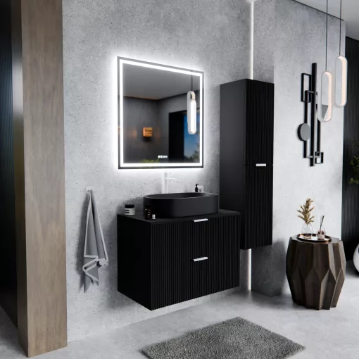 HD Rapallo Matt Black 60 fali mosdószekrény matt fekete mosdópulttal és matt fehér fogantyúkkal