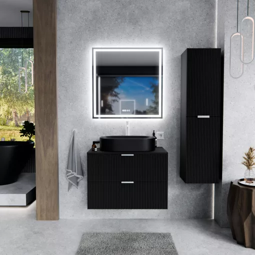 HD Rapallo Matt Black 60 fali mosdószekrény matt fekete mosdópulttal és matt fehér fogantyúkkal