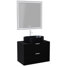 HD Rapallo Matt Black 60 komplett fürdőszoba bútor fali mosdószekrénnyel, matt fehér fogantyúkkal, fekete mosdópulttal és tükörrel