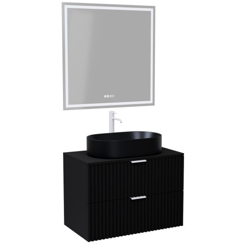 HD Rapallo Matt Black 60 komplett fürdőszoba bútor fali mosdószekrénnyel, matt fehér fogantyúkkal, fekete mosdópulttal és tükörrel