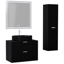 HD Rapallo Matt Black 60 komplett fürdőszoba bútor szett fali mosdószekrénnyel, matt fehér fogantyúval, fekete mosdópulttal, tükörrel és magasszekrénnyel