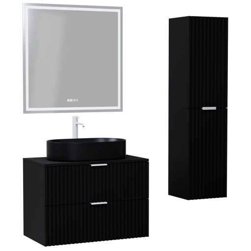 HD Rapallo Matt Black 60 komplett fürdőszoba bútor szett fali mosdószekrénnyel, matt fehér fogantyúval, fekete mosdópulttal, tükörrel és magasszekrénnyel