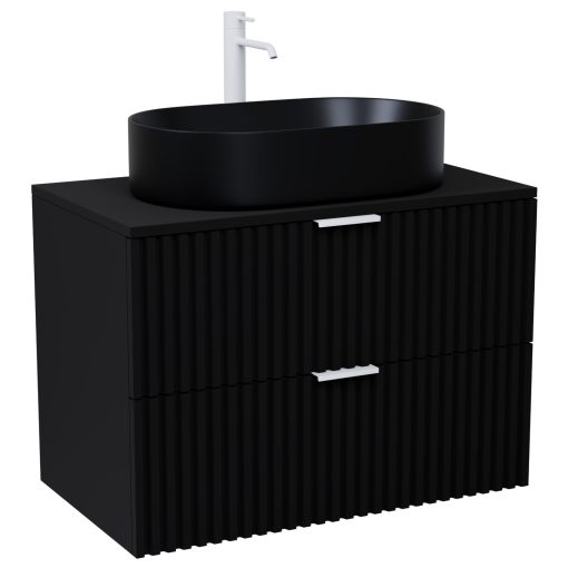 HD Rapallo Matt Black 60 komplett fürdőszoba bútor szett fali mosdószekrénnyel, matt fehér fogantyúval, fekete mosdópulttal, tükörrel és magasszekrénnyel