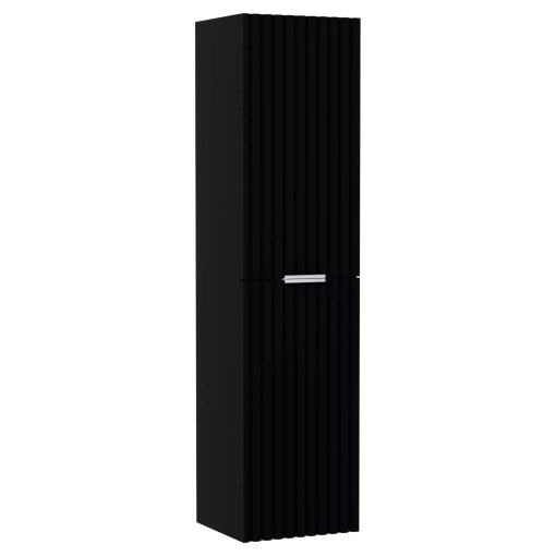 HD Rapallo Matt Black 60 komplett fürdőszoba bútor szett fali mosdószekrénnyel, matt fehér fogantyúval, fekete mosdópulttal, tükörrel és magasszekrénnyel