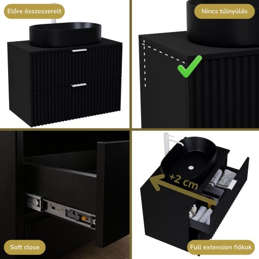 HD Rapallo Matt Black 60 komplett fürdőszoba bútor szett fali mosdószekrénnyel, matt fehér fogantyúval, fekete mosdópulttal, tükörrel és magasszekrénnyel