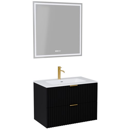 HD Ravello Matt Black 60 komplett fürdőszoba bútor fali mosdószekrénnyel, szálcsiszolt arany fogantyúkkal, fényes fehér slim mosdóval és tükörrel