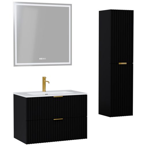 HD Ravello Matt Black 60 komplett fürdőszoba bútor szett fali mosdószekrénnyel, szálcsiszolt arany fogantyúkkal, fényes fehér slim mosdóval, tükörrel és magasszekrénnyel