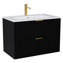 HD Ravello Matt Black 60 komplett fürdőszoba bútor szett fali mosdószekrénnyel, szálcsiszolt arany fogantyúkkal, fényes fehér slim mosdóval, tükörrel és magasszekrénnyel