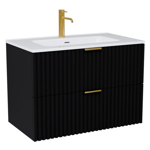 HD Ravello Matt Black 60 komplett fürdőszoba bútor szett fali mosdószekrénnyel, szálcsiszolt arany fogantyúkkal, fényes fehér slim mosdóval, tükörrel és magasszekrénnyel