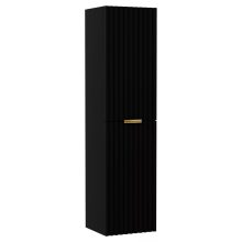 HD Ravello Matt Black 60 komplett fürdőszoba bútor szett fali mosdószekrénnyel, szálcsiszolt arany fogantyúkkal, fényes fehér slim mosdóval, tükörrel és magasszekrénnyel