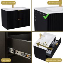 HD Ravello Matt Black 60 komplett fürdőszoba bútor szett fali mosdószekrénnyel, szálcsiszolt arany fogantyúkkal, fényes fehér slim mosdóval, tükörrel és magasszekrénnyel
