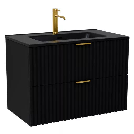 HD Ravello Matt Black 60 fali mosdószekrény szálcsiszolt arany fogantyúkkal és matt fekete slim mosdóval