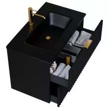 HD Ravello Matt Black 60 fali mosdószekrény szálcsiszolt arany fogantyúkkal és matt fekete slim mosdóval