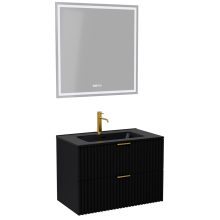 HD Ravello Matt Black 60 komplett fürdőszoba bútor fali mosdószekrénnyel, szálcsiszolt arany fogantyúkkal, matt fekete slim mosdóval és tükörrel