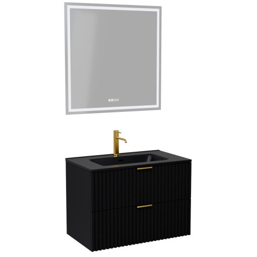 HD Ravello Matt Black 60 komplett fürdőszoba bútor fali mosdószekrénnyel, szálcsiszolt arany fogantyúkkal, matt fekete slim mosdóval és tükörrel