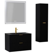 HD Ravello Matt Black 60 komplett fürdőszoba bútor szett fali mosdószekrénnyel, szálcsiszolt arany fogantyúkkal, matt fekete slim mosdóval, tükörrel és magasszekrénnyel