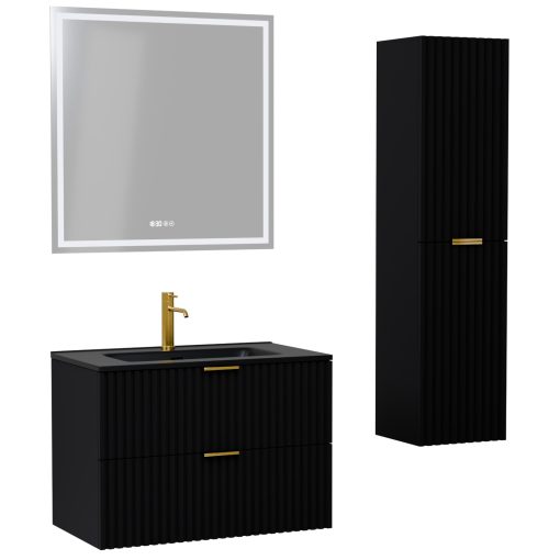 HD Ravello Matt Black 60 komplett fürdőszoba bútor szett fali mosdószekrénnyel, szálcsiszolt arany fogantyúkkal, matt fekete slim mosdóval, tükörrel és magasszekrénnyel