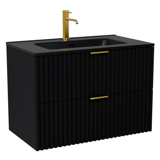 HD Ravello Matt Black 60 komplett fürdőszoba bútor szett fali mosdószekrénnyel, szálcsiszolt arany fogantyúkkal, matt fekete slim mosdóval, tükörrel és magasszekrénnyel