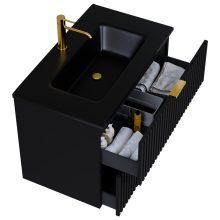 HD Ravello Matt Black 60 komplett fürdőszoba bútor szett fali mosdószekrénnyel, szálcsiszolt arany fogantyúkkal, matt fekete slim mosdóval, tükörrel és magasszekrénnyel