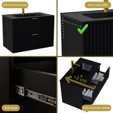 HD Ravello Matt Black 60 komplett fürdőszoba bútor szett fali mosdószekrénnyel, szálcsiszolt arany fogantyúkkal, matt fekete slim mosdóval, tükörrel és magasszekrénnyel