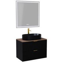 HD Rapallo Matt Black 60 komplett fürdőszoba bútor fali mosdószekrénnyel, szálcsiszolt arany fogantyúkkal, tölgyfa színű mosdópulttal és tükörrel