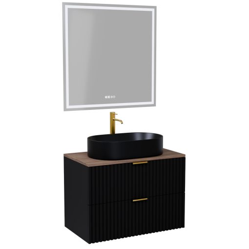 HD Rapallo Matt Black 60 komplett fürdőszoba bútor fali mosdószekrénnyel, szálcsiszolt arany fogantyúkkal, tölgyfa színű mosdópulttal és tükörrel