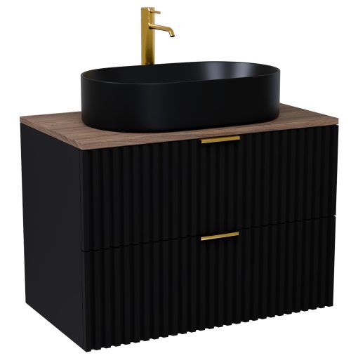 HD Rapallo Matt Black 60 komplett fürdőszoba bútor fali mosdószekrénnyel, szálcsiszolt arany fogantyúkkal, tölgyfa színű mosdópulttal és tükörrel