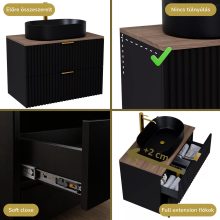 HD Rapallo Matt Black 60 komplett fürdőszoba bútor fali mosdószekrénnyel, szálcsiszolt arany fogantyúkkal, tölgyfa színű mosdópulttal és tükörrel