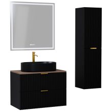 HD Rapallo Matt Black 60 komplett fürdőszoba bútor szett fali mosdószekrénnyel, szálcsiszolt arany fogantyúval, tölgyfa színű mosdópulttal, tükörrel és magasszekrénnyel