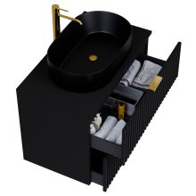 HD Rapallo Matt Black 60 fali mosdószekrény matt fekete mosdópulttal és szálcsiszolt arany fogantyúkkal