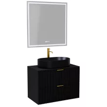 HD Rapallo Matt Black 60 komplett fürdőszoba bútor fali mosdószekrénnyel, szálcsiszolt arany fogantyúkkal, fekete mosdópulttal és tükörrel