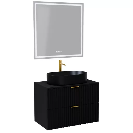 HD Rapallo Matt Black 60 komplett fürdőszoba bútor fali mosdószekrénnyel, szálcsiszolt arany fogantyúkkal, fekete mosdópulttal és tükörrel