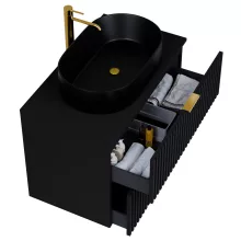 HD Rapallo Matt Black 60 komplett fürdőszoba bútor fali mosdószekrénnyel, szálcsiszolt arany fogantyúkkal, fekete mosdópulttal és tükörrel