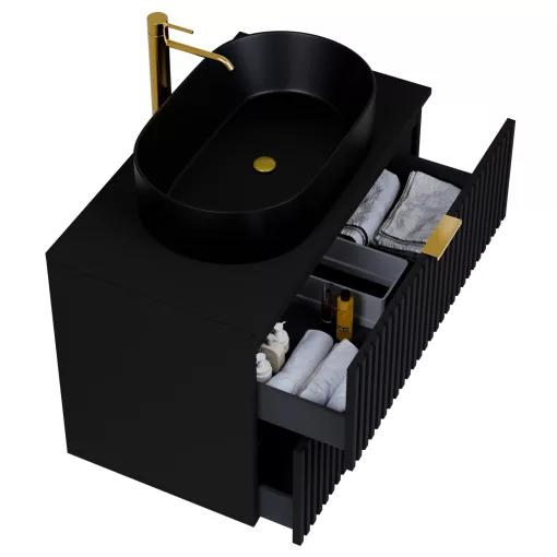 HD Rapallo Matt Black 60 komplett fürdőszoba bútor fali mosdószekrénnyel, szálcsiszolt arany fogantyúkkal, fekete mosdópulttal és tükörrel