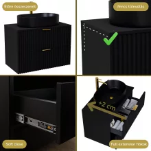 HD Rapallo Matt Black 60 komplett fürdőszoba bútor fali mosdószekrénnyel, szálcsiszolt arany fogantyúkkal, fekete mosdópulttal és tükörrel