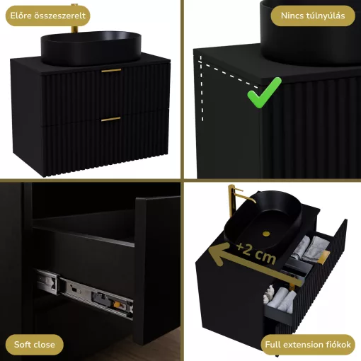 HD Rapallo Matt Black 60 komplett fürdőszoba bútor fali mosdószekrénnyel, szálcsiszolt arany fogantyúkkal, fekete mosdópulttal és tükörrel