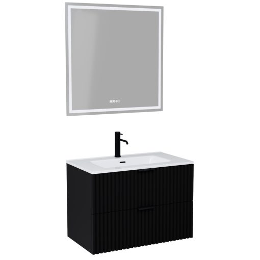 HD Ravello Matt Black 60 komplett fürdőszoba bútor fali mosdószekrénnyel, matt fekete fogantyúkkal, fényes fehér slim mosdóval és tükörrel