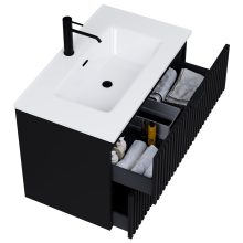 HD Ravello Matt Black 60 komplett fürdőszoba bútor szett fali mosdószekrénnyel, matt fekete fogantyúkkal, fényes fehér slim mosdóval, tükörrel és magasszekrénnyel