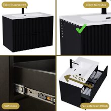 HD Ravello Matt Black 60 komplett fürdőszoba bútor szett fali mosdószekrénnyel, matt fekete fogantyúkkal, fényes fehér slim mosdóval, tükörrel és magasszekrénnyel