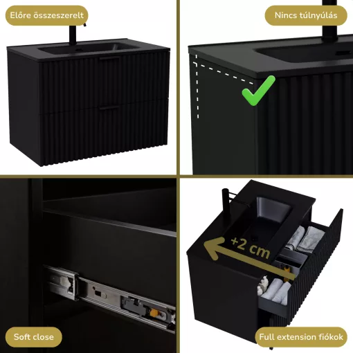 HD Ravello Matt Black 60 fali mosdószekrény matt fekete fogantyúkkal és matt fekete slim mosdóval